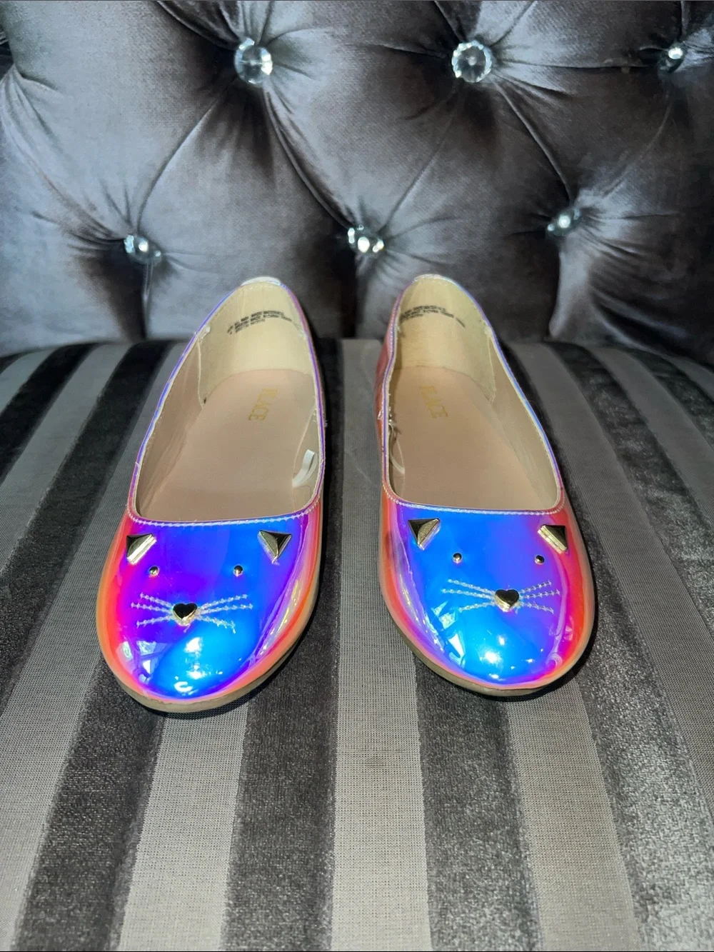 Holographic Iridescent Cat Face Studded Flat Shoes Sz 6.5 🐱